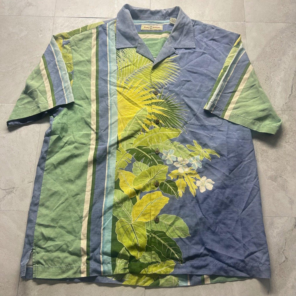 Tommy Bahama Silk Aloha Shirt Blue Green Tropical Floral Mens Large Camp Shirt